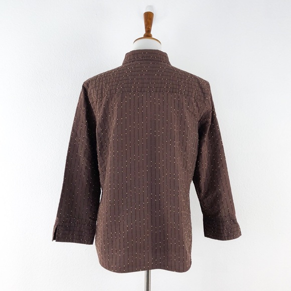Foxcroft Brown Print Button Front Long Sleeve Top - Picture 4 of 6